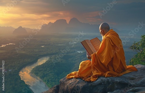 Overlooking an amazing landscape, an elderly monk holding a golden book prays.