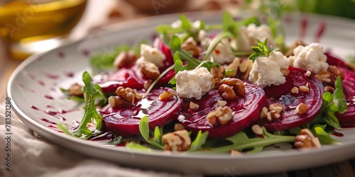 Beetroot and goat cheese salad, walnut topping, close-up, deep purples, warm kitchen glow -