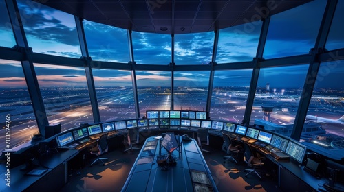 Modern airport tower's nerve center, where diverse air traffic control experts navigate busy skies