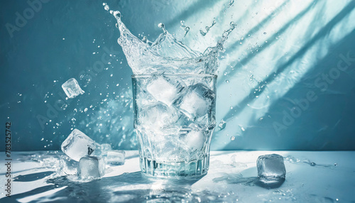 さわやかな太陽の日差しが差し込む透明な氷が入ったグラスの炭酸水からキラキラとはじけるしぶきと氷のかけら 夏・水・飲料水・ソーダ 