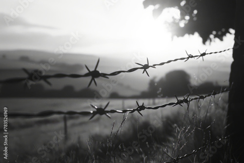 Morning dew glistening on barbed wire with a warm sunrise illuminating the background