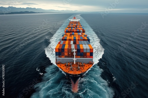 Large orange and white container ship in the ocean. Generative AI