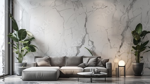 A striking marble accent wall, adding drama and luxury to a contemporary space.