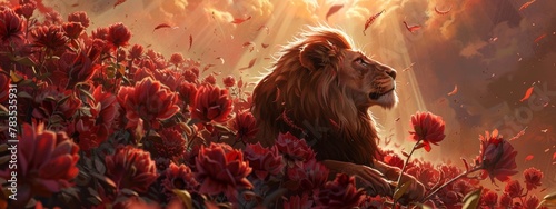 This image captures a regal lion surrounded by blooming red flowers, symbolizing the fierce beauty of wildlife during summer