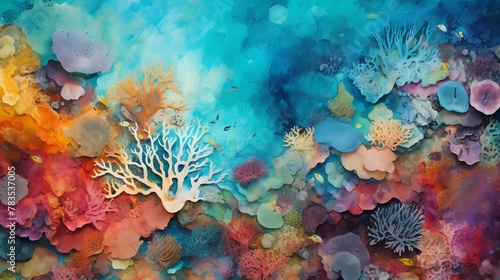 Aerial view of a coral reef, with intricate textures and vibrant colors of the underwater world