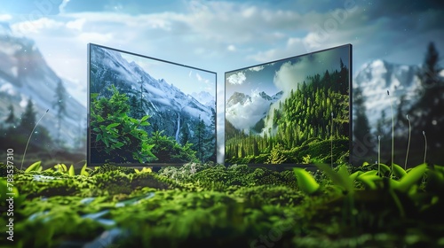 Perception vs reality in ecofriendly advertising, contrast shown on dual futuristic screens
