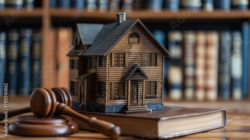 Legal background of courts related to real estate or home auctions. Model houses, batons, and law books.
