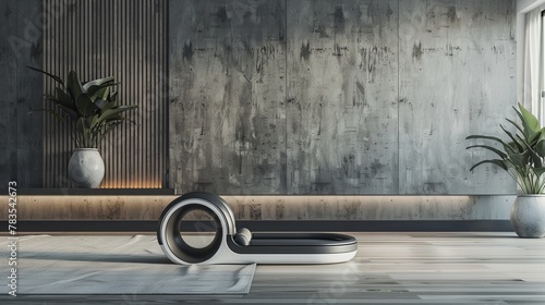 The sleek design of an AB roller wheel highlighted in a minimalist home gym setting