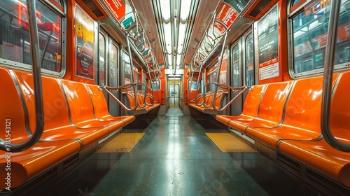 A lone subway wagon basks in quiet, its orange seats a bold splash of color in the stillness