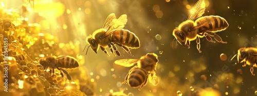 Bees flying in the air with golden light.