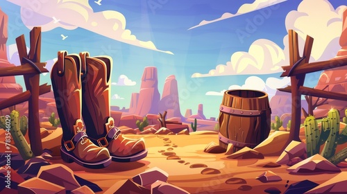 Cowboy boots with spur on American ranch. Modern illustration of wild west landscape, western desert with wooden fence and someone hiding in a barrel of wood