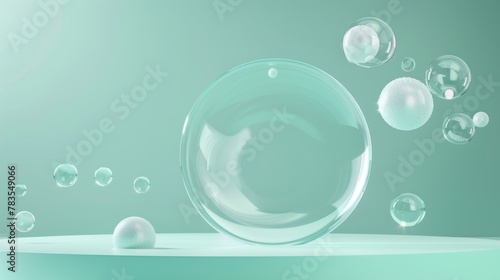 The round plate and round shapes of the objects are floating against the mint green background in a glassmorphism.