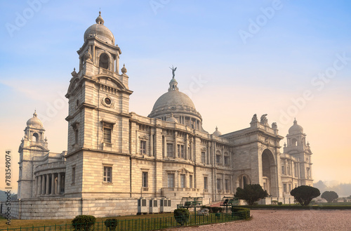Victoria Memorial ancient colonial architecture building built in the year 1906 in Kolkata with moody sunset sky.