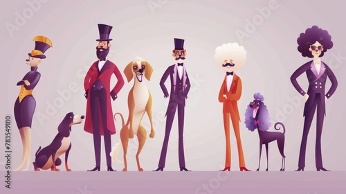 Animal trainer in retro costume stand near jumping dog in circus themed modern set. Animated circus man character and poodle.