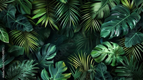 A lush depiction of tropical leaves in shades of green evoking the warmth and vitality of summer in a dense jungle setting