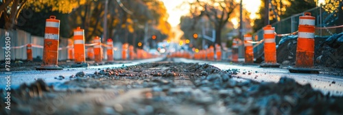 Construction Barriers Delineating Work Zones in an Autumn Urban Landscape