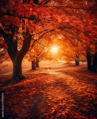 A path lined with trees and leaves in the fall. AI.