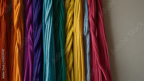 Rainbow color Yarn Tassel Garland stitched to a piece of cloth in selective focus on a wall, thread