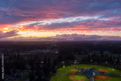 Aerial view of Lacey, Washington at sunset in December