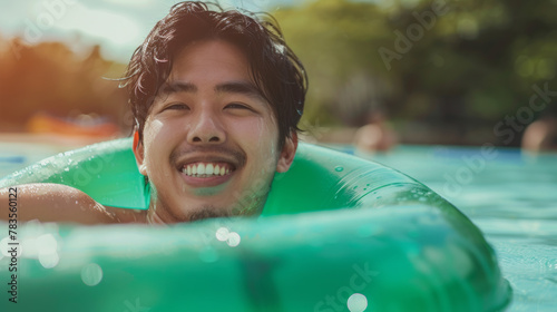 Portrait of happy young asian man in a green rubber swimming pool ring on at hotel club swimming pool during summer vacation in asia