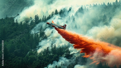 Firefighting aircraft swooping low, releasing a torrent of fire retardant over a blazing forest