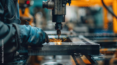 Industrial precision as a CNC machine operator controls a milling cutter with sparks.