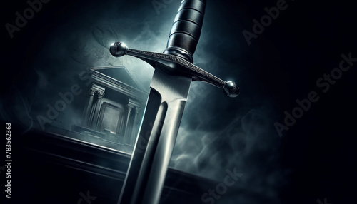 Close-up of a steel, sharp sword held vertically against a dark, foggy background. The sword represents the strength and determination of justice, with a subtle reflection of the courtroom on the blad