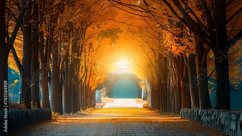 Light at the end of the tunnel of tree tunnel in autumn and walkway in yellow tree tunnel South Korea