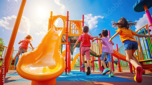 Young children enjoy a sunny day playing on vibrant playground equipment in a park with slides and climbing structures. Resplendent.