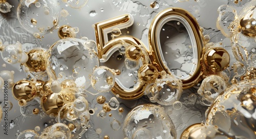 Golden Number 50 with Bubbles for Milestone
