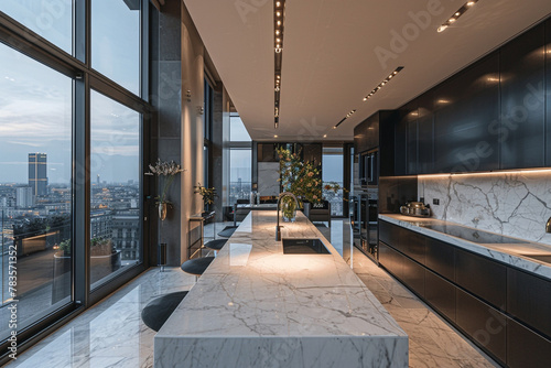 A Milanese apartment with Italian marble countertops, bespoke cabinetry, and floor-to-ceiling windows flooding the space with light.