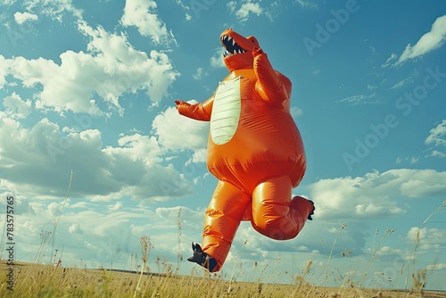 A person wearing a large inflatable animal costume is floating in the air. Generative AI