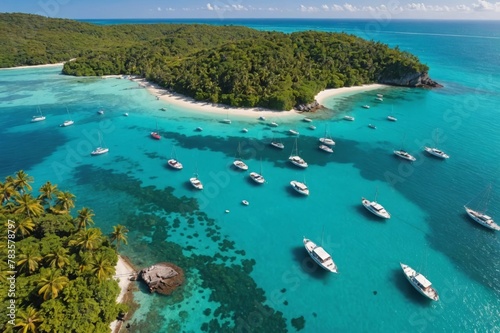Aerial view of mooring area and boats, turquoise tropical water