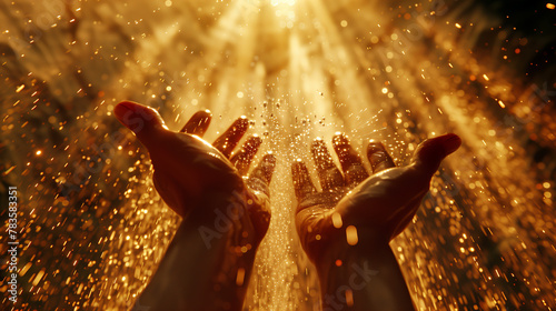 Hands Receiving a Shower of Golden Sparks, Blessing from the Sky