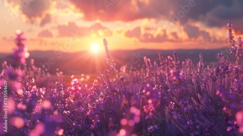 Beautiful landscape with lavender field in the sunset