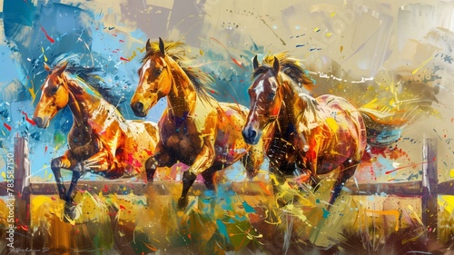 An abstract oil painting featuring majestic horses galloping freely through a field, their golden coats glistening in the sunlight as they leap over a rustic wooden fence.
