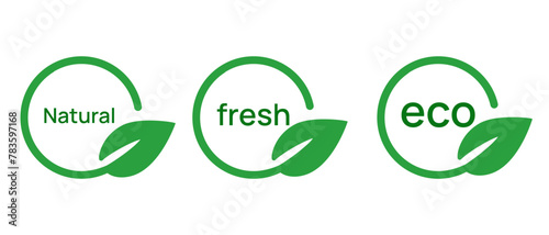 Natural fresh eco circle leaf green label emblem sticker stamp