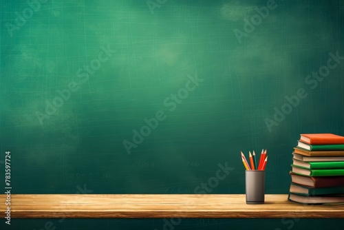 Classroom Chalkboard with Books and Pencils 