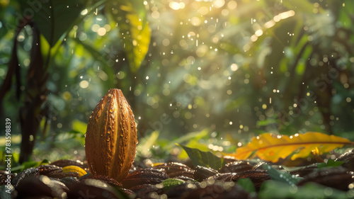 Cacao pod in a tropical setting