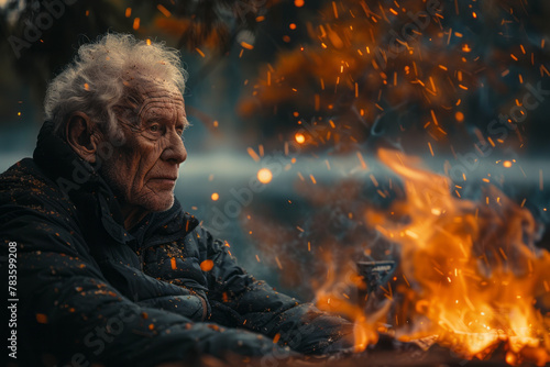 A portrait of an elderly man staring into a campfire, where the flames subtly shape into scenes from