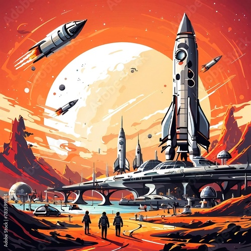 Vector illustration of a futuristic spaceport with rocket ships and space travelers.