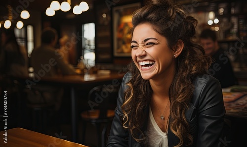 Smiling Woman Sitting at Restaurant Table