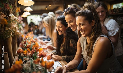 Group of Women Sitting at Table With Flowers