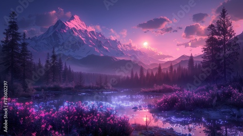sunset in the Bioluminescent Forest and Surreal Landscapes of an Alien World widescreen wallpaper