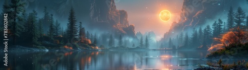 sunset over the river on a Distant World, super ultrawide wallpaper