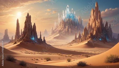 A fantasy landscape featuring a desert with a towering, crystalline city illuminated by the golden hues of sunrise.. AI Generation