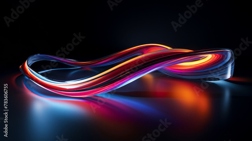 Amidst the darkness, neon lights burst forth, creating vibrant and graceful curves