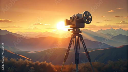 Black professional movie camera on a tripod, silhouetted against a mountain sunset