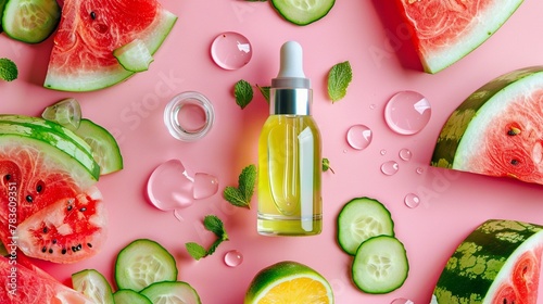 watermelon and cucumber slices with a bottle of watermelon serum