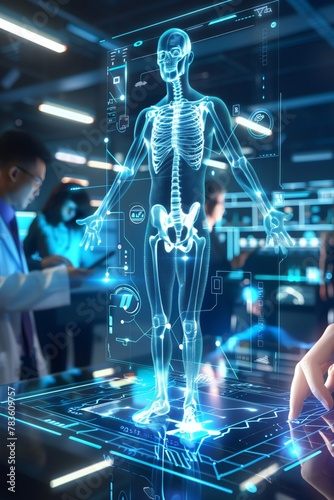 Futuristic digital medical concept with a holographic human body model and technological elements, business people using a tablet to analyze data in an office background in the style of various artist